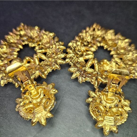 Vintage Thelma Deutsch Signed Large Rhinestone Open Heart Clip Dangle Earrings - Picture 6 of 12